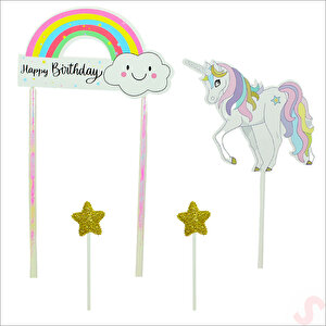 Unicorn Happy Birthday Pasta Süsü, 4'lü Set - Yıldız