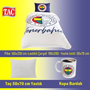 Fenerbahçe Yarım Logo Tek Kişilik  Pamuk Pike Takımı + Kupa Bardak + Silikon Yastık