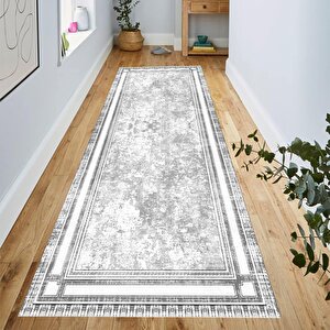 Gri Renk Halı, Çerçeveli Halı, Dekoratif Salon Halısı, Kaymaz Yıkanabilir Halı, Mutfak Halısı Yolluk 120x250 cm