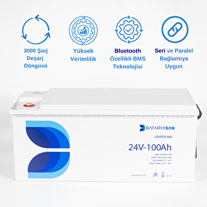 Lityum Akü-24V 100Ah Lityum Solar Akü LiFePO4 Bluetooth Özellikli