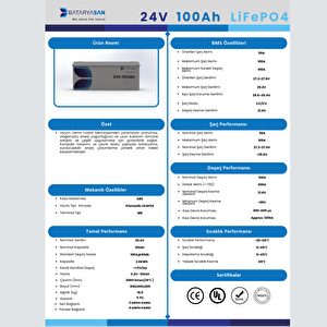 Lityum Akü-24V 100Ah Lityum Solar Akü LiFePO4 Bluetooth Özellikli
