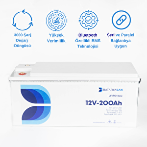 Lityum Akü-12V 200Ah Lityum Solar Akü LiFePO4 Bluetooth Özellikli