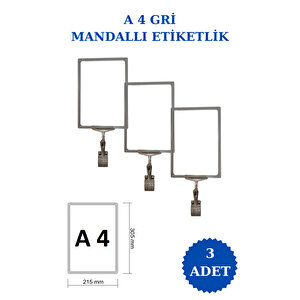 3 Adet Gri A4 Mandallı Fiyat Etiketi Sepet Etiketi Çerçeveli Fiyat Etiketi Eşek Askılık Etiketi