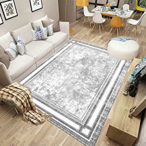 Gri Renk Halı, Çerçeveli Halı, Dekoratif Salon Halısı, Kaymaz Yıkanabilir Halı, Mutfak Halısı Yolluk 100x250 cm
