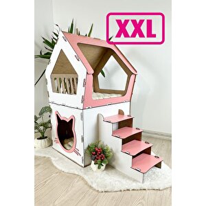 Ahşap Büyük Kedi Evi Xxl Açık Teraslı Model 5 Kg Üstü Kediler İçin Pembe - Beyaz Renk