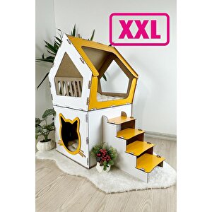 Ahşap Büyük Kedi Evi Xxl Açık Teraslı Model 5 Kg Üstü Kediler İçin Beyaz- Sarı Renk