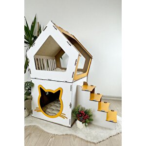 Mavitrend Ahşap Büyük Kedi Evi Xxl Açık Teraslı Model 5 Kg Üstü Kediler İçin Beyaz- Sarı Renk