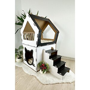 Ahşap Büyük Kedi Evi Xxl Açık Teraslı Model 5 Kg Üstü Kediler İçin Beyaz- Siyah Renk