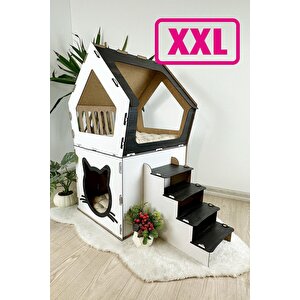 Ahşap Büyük Kedi Evi Xxl Açık Teraslı Model 5 Kg Üstü Kediler İçin Beyaz- Siyah Renk