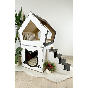 Mavitrend Ahşap Büyük Kedi Evi Xxl Açık Teraslı Model 5 Kg Üstü Kediler İçin Beyaz- Siyah Renk