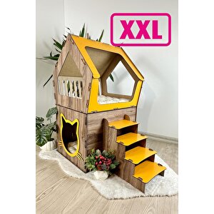 Ahşap Büyük Kedi Evi Xxl Açık Teraslı Model 5 Kg Üstü Kediler İçin Sarı -kahverengi  Renk