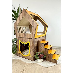 Ahşap Büyük Kedi Evi Xxl Açık Teraslı Model 5 Kg Üstü Kediler İçin Sarı -kahverengi  Renk