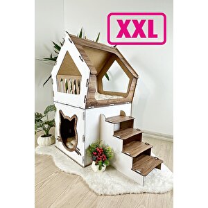 Mavitrend Ahşap Büyük Kedi Evi Xxl Açık Teraslı Model 5 Kg Üstü Kediler İçin Kahve- Beyaz Renk