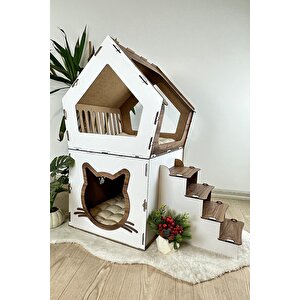 Mavitrend Ahşap Büyük Kedi Evi Xxl Açık Teraslı Model 5 Kg Üstü Kediler İçin Kahve- Beyaz Renk