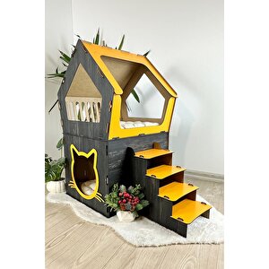Ahşap Büyük Kedi Evi Xxl Açık Teraslı Model 5 Kg Üstü Kediler İçin Sarı- Siyah Renk