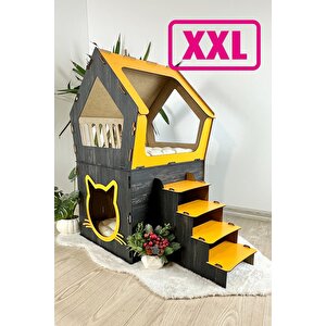 Mavitrend Ahşap Büyük Kedi Evi Xxl Açık Teraslı Model 5 Kg Üstü Kediler İçin Sarı- Siyah Renk