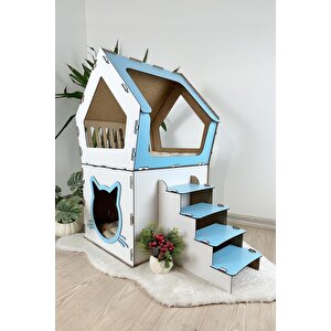 Ahşap Büyük Kedi Evi Xxl Açık Teraslı Model 5 Kg Üstü Kediler İçin Mavi - Beyaz Renk
