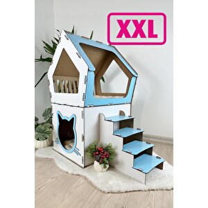Ahşap Büyük Kedi Evi Xxl Açık Teraslı Model 5 Kg Üstü Kediler İçin Mavi - Beyaz Renk