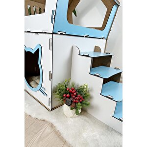 Mavitrend Ahşap Büyük Kedi Evi Xxl Açık Teraslı Model 5 Kg Üstü Kediler İçin Mavi - Beyaz Renk