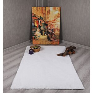 Dekoratif Tavşan Tüyü Ultra Yumuşak Peluş Kaymaz Halı Yolluk Beyaz 80x150 cm