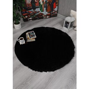 Dekoratif Tavşan Tüyü Ultra Yumuşak Peluş Yuvarlak Halı Siyah 100x100 cm