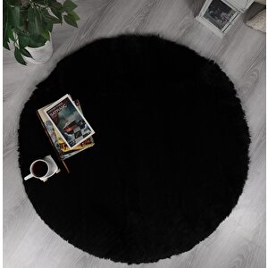 Dekoratif Tavşan Tüyü Ultra Yumuşak Peluş Yuvarlak Halı Siyah 100x100 cm