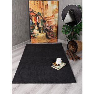Dekoratif Puffy Peluş Yumuşak Kaymaz Taban Kesme Halı Yolluk Antrasit 120x180 cm