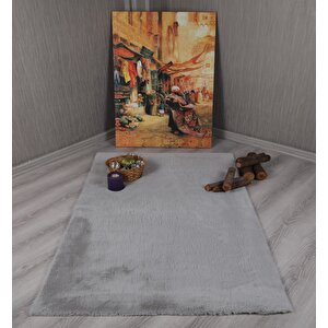 Dekoratif Tavşan Tüyü Ultra Yumuşak Peluş Kaymaz Halı Yolluk Gri 80x100 cm