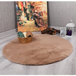 Dekoratif Tavşan Tüyü Ultra Yumuşak Peluş Yuvarlak Halı Camel 80x80 cm