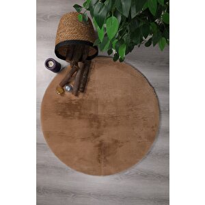 Dekoratif Tavşan Tüyü Ultra Yumuşak Peluş Yuvarlak Halı Camel 80x80 cm