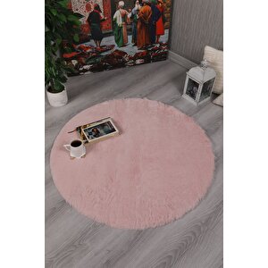 Dekoratif Tavşan Tüyü Ultra Yumuşak Peluş Yuvarlak Halı Pembe 100x100 cm