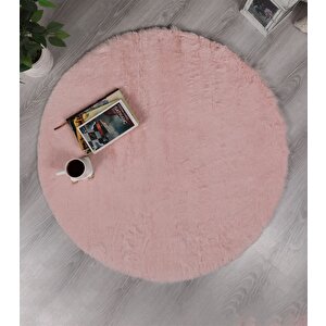 Dekoratif Tavşan Tüyü Ultra Yumuşak Peluş Yuvarlak Halı Pembe 100x100 cm