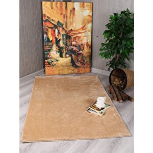 Dekoratif Puffy Peluş Yumuşak Kaymaz Taban Kesme Halı Yolluk Bej 100x200 cm