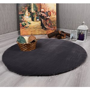 Dekoratif Tavşan Tüyü Ultra Yumuşak Peluş Yuvarlak Halı Antrasit 150x150 cm