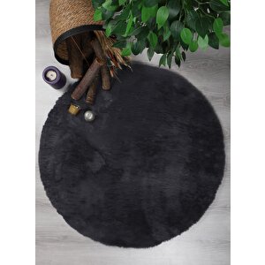Dekoratif Tavşan Tüyü Ultra Yumuşak Peluş Yuvarlak Halı Antrasit 60x60 cm