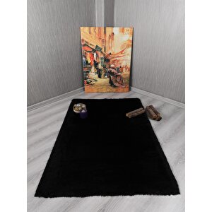 Dekoratif Tavşan Tüyü Ultra Yumuşak Peluş Kaymaz Halı Yolluk Siyah 100x200 cm
