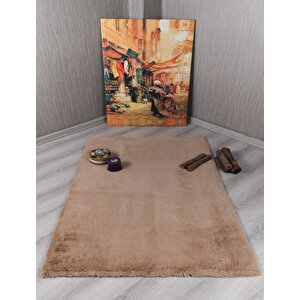 Dekoratif Tavşan Tüyü Ultra Yumuşak Peluş Kaymaz Halı Yolluk Camel 80x100 cm