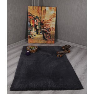 Dekoratif Tavşan Tüyü Ultra Yumuşak Peluş Kaymaz Halı Yolluk Antrasit 50x80 cm