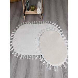 Modern Dekoratif Yıkanabilir Peluş Puffy Kaymaz Taban Oval Püskül Saçaklı 2'li Banyo Paspası 50x80 50x80 cm