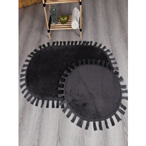 Modern Dekoratif Yıkanabilir Peluş Puffy Kaymaz Taban Oval Püskül Saçaklı 2'li Banyo Paspası 50x80