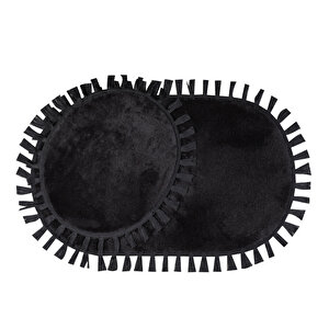 Modern Dekoratif Yıkanabilir Peluş Puffy Kaymaz Taban Oval Püskül Saçaklı 2'li Banyo Paspası 50x80