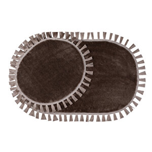 Modern Dekoratif Yıkanabilir Peluş Puffy Kaymaz Taban Oval Püskül Saçaklı 2'li Banyo Paspası 50x80 50x80 cm