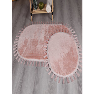 Modern Dekoratif Yıkanabilir Peluş Puffy Kaymaz Taban Oval Püskül Saçaklı 2'li Banyo Paspası 50x80 50x80 cm