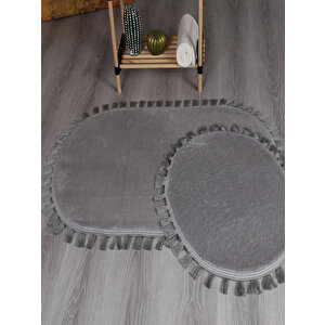 Modern Dekoratif Yıkanabilir Peluş Puffy Kaymaz Taban Oval Püskül Saçaklı 2'li Banyo Paspası 50x80