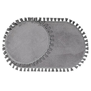 Modern Dekoratif Yıkanabilir Peluş Puffy Kaymaz Taban Oval Püskül Saçaklı 2'li Banyo Paspası 50x80