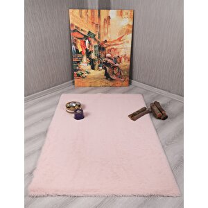 Dekoratif Tavşan Tüyü Ultra Yumuşak Peluş Kaymaz Halı Yolluk Pembe 100x200 cm