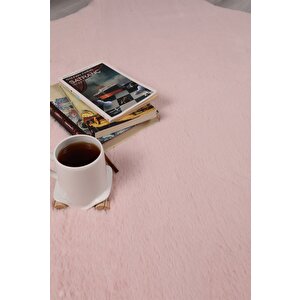 Dekoratif Tavşan Tüyü Ultra Yumuşak Peluş Kaymaz Halı Yolluk Pembe 100x200 cm