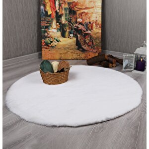 Dekoratif Tavşan Tüyü Ultra Yumuşak Peluş Yuvarlak Halı Beyaz 120x120 cm