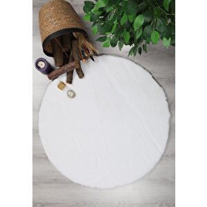 Dekoratif Tavşan Tüyü Ultra Yumuşak Peluş Yuvarlak Halı Beyaz 120x120 cm