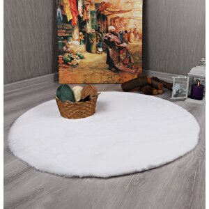Dekoratif Tavşan Tüyü Ultra Yumuşak Peluş Yuvarlak Halı Beyaz 150x150 cm